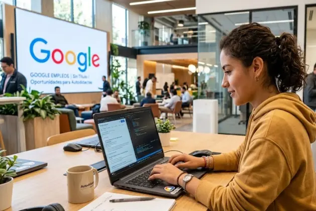 Joven trabajando en computador portátil en un espacio moderno, con fondo que incluye elementos de tecnología y el logo de Google, representando google empleos sin título y oportunidades laborales para autodidactas.