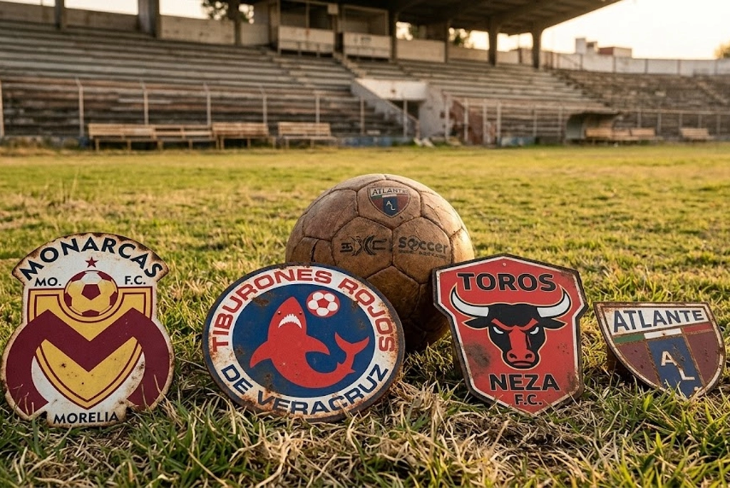 Colage de escudos de equipos desaparecidos de la Liga MX como Monarcas Morelia, Veracruz y Toros Neza sobre un fondo de grada vacía y un balón viejo.