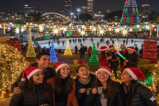 Jóvenes riendo y disfrutando de diversos eventos navideños CDMX en una noche iluminada con luces de la ciudad.