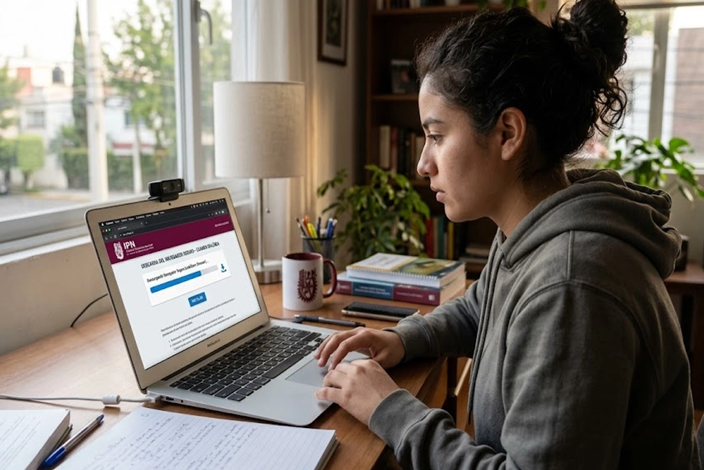 Aspirante joven usando laptop con cámara web, descargando el navegador seguro para el examen en línea del IPN, pantalla muestra portal ipn