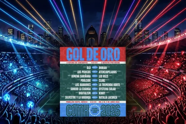 Póster vibrante del Festival Gol de Oro con dos micrófonos enfrentados en un escenario con forma de estadio de futbol, luces de neón y multitudes animadas.