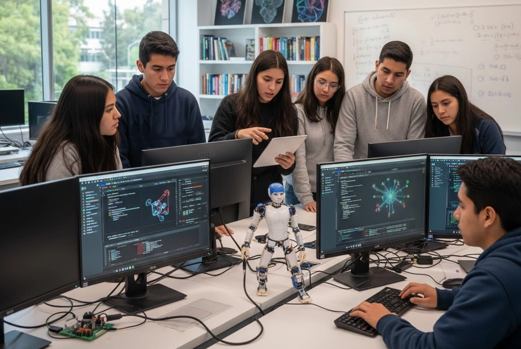 Jóvenes estudiantes en un laboratorio moderno trabajando en un proyecto de inteligencia artificial, representando la nueva formación técnica en IA en bachilleratos mexicanos.