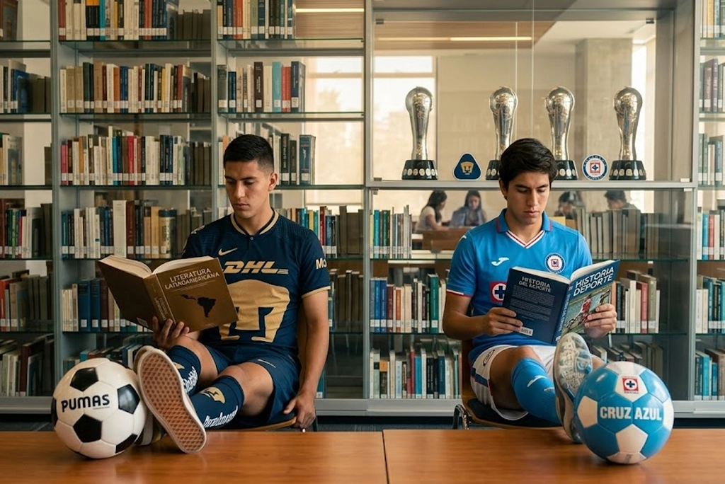 Retrato realista de dos futbolistas universitarios, uno de Pumas y otro de Cruz Azul, estudiando en una biblioteca moderna con libros y balones.