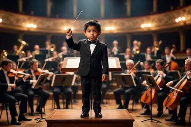 Niño director orquesta Gabriel Castillo de 4 años, parado sobre una silla, sonriente vistiendo un traje formal, sosteniendo una batuta en alto frente a una orquesta sinfónica en un teatro.