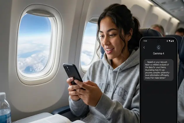Persona joven usando su celular en un avión con modo avión activado, pantalla mostrando la interfaz de Gemma 4 de Google IA offline respondiendo preguntas, sin conexión a internet, ambiente realista y cotidiano.