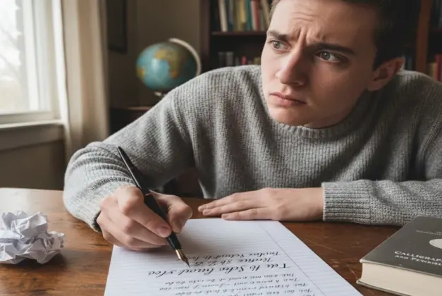 joven escribiendo a mano con letra cursiva, como si estuviera practicando y con expresión extrañada porque ya no se usa actualmente.