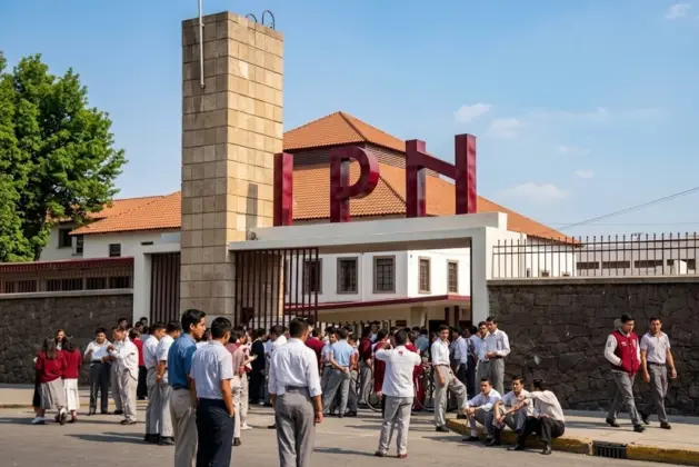 Estudiantes jóvenes en el Casco de Santo Tomás del IPN, repasando la historia y orígenes del IPN con planos antiguos y edificios modernos de fondo, estilo realista.