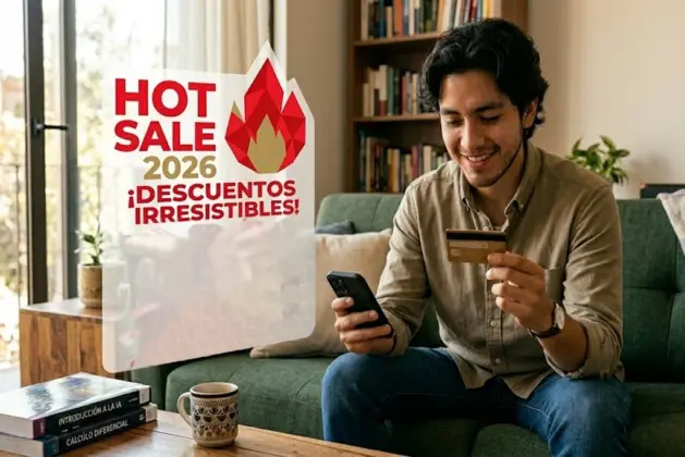 Grupo de jóvenes universitarios revisando sus teléfonos con tarjetas bancarias y una laptop mostrando la página del Hot Sale 2026, destacando las promociones bancarias hot sale en pantalla.