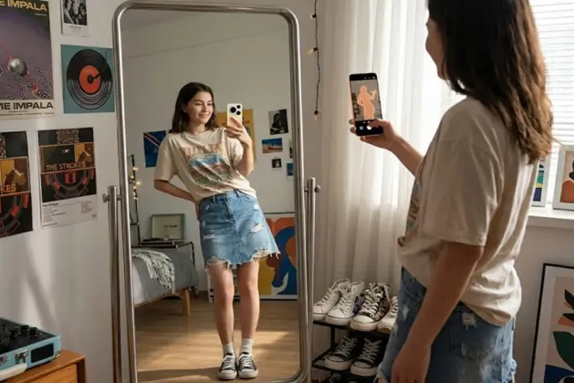 chica de unos 22 años, ropa casual moderna, sosteniendo un smartphone Huawei Pura 90 frente a un espejo de cuerpo entero. En la pantalla del móvil se ve una silueta translúcida que le enseña a posar