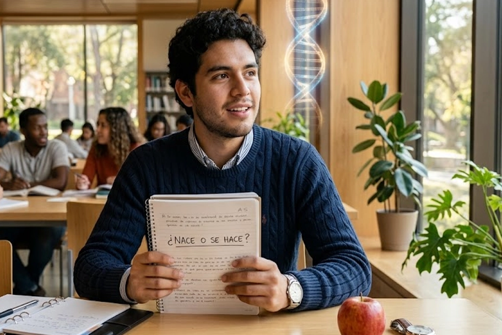 Joven universitario pensando frente a una pizarra con conexiones neuronales y símbolos de genética y entorno, representando el desarrollo de la inteligencia humana.