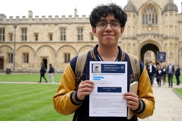 Retrato realista de un estudiante de CCH a Oxford joven mexicano con mochila y cuaderno, frente a la fachada clásica de la Universidad de Oxford, con luz natural y expresión de logro.