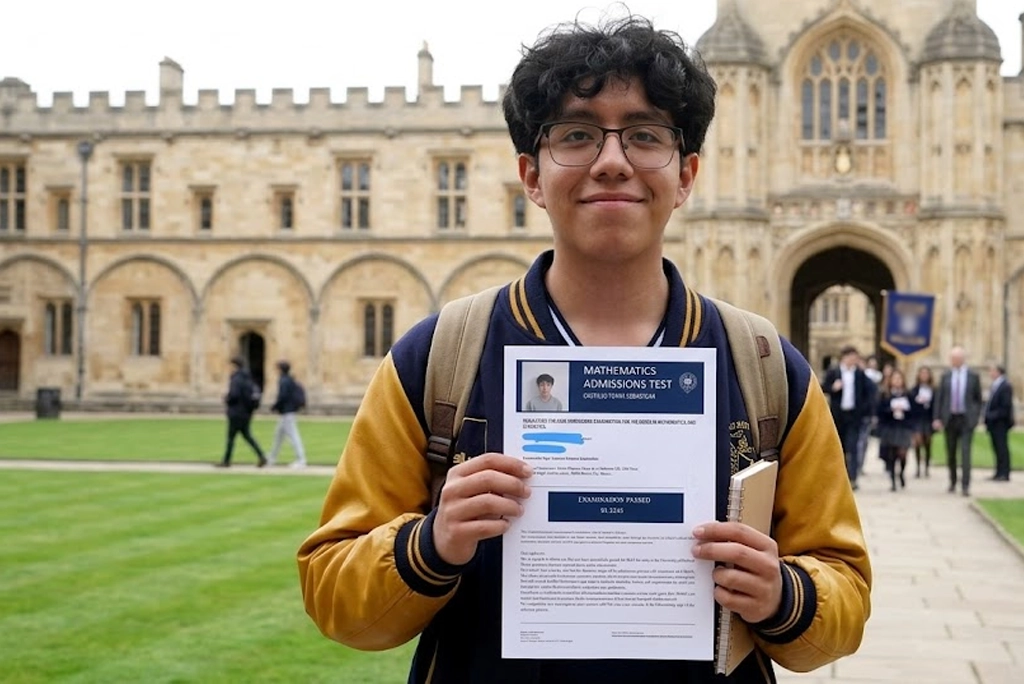 Retrato realista de un estudiante de CCH a Oxford joven mexicano con mochila y cuaderno, frente a la fachada clásica de la Universidad de Oxford, con luz natural y expresión de logro.