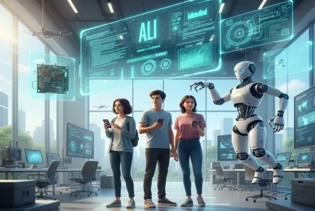 Ilustración futurista y dinámica que representa el futuro de la tecnología en 2026, mostrando la integración entre una interfaz de IA, un robot colaborativo y un smartphone avanzado en un entorno laboral y universitario.