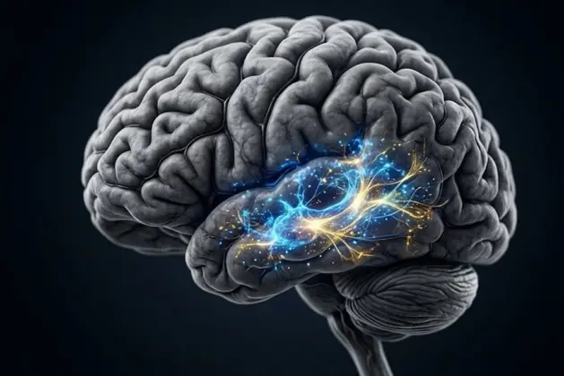 Ilustración realista de un cerebro humano adulto con zonas brillantes en el hipocampo que representan la regeneración de las neuronas, fondo oscuro y estilo fotográfico médico.