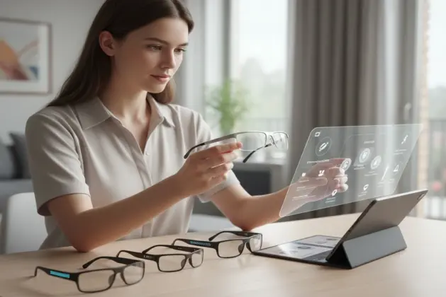 joven comparando varios modelos modernos de gafas con inteligencia artificial sobre una mesa, mostrando sus diseños discretos y tecnología wearable.