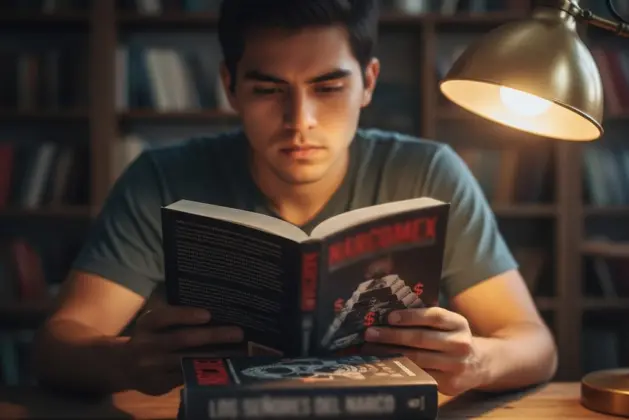 joven estudiante leyendo Selección de libros sobre la historia del narcotráfico México sobre mesa de madera, con portadas visibles de títulos como "Narcomex" y "Los señores del narco", iluminación cálida de lectura