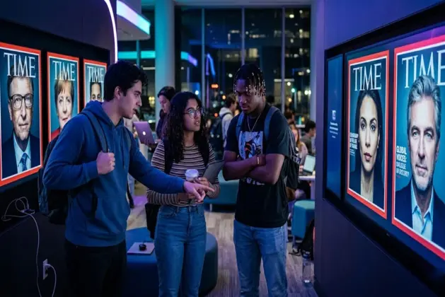 Jóvenes observando información sobre líderes influyentes del año 2026 en dispositivos digitales con gráficos globales