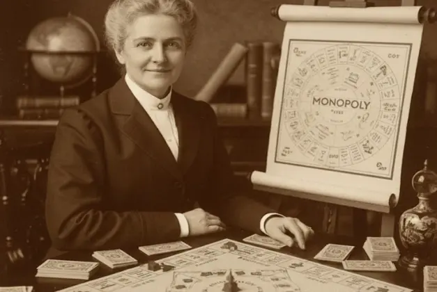 Retrato o ilustración de Elizabeth "Lizzie" Magie, la verdadera inventora del juego Monopoly, con elementos del tablero original de 1904.