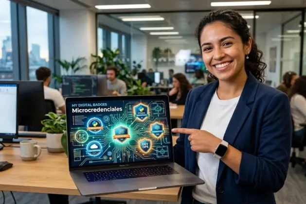 Ingeniero joven mostrando en su laptop un perfil digital con varias insignias y certificados, destacando el concepto de microcredenciales ingeniería como mejora profesional.