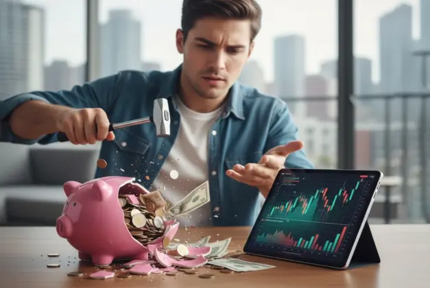 Joven rompiendo una alcancía tradicional de cerdo mientras observa gráficos financieros modernos en una tablet, representando la ruptura con los mitos del dinero heredados.