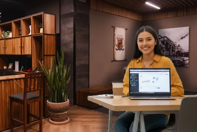 Estudiante sonriente utilizando una laptop en un espacio moderno, representando la flexibilidad y modernidad de los nuevos modelos educativos en universidades mexicanas