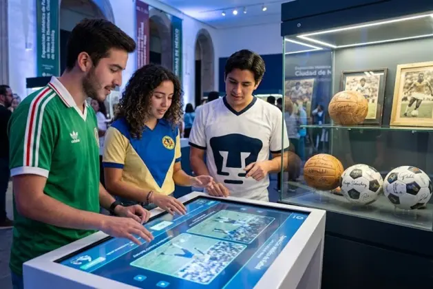 Jóvenes visitando una exposición dentro de los museos de futbol de la Ciudad de México, con playeras retro, balones firmados y una pantalla interactiva mostrando jugadas históricas del Mundial.