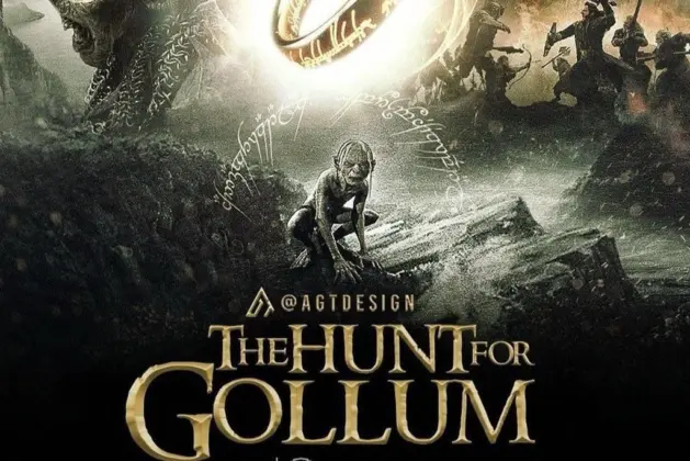 nueva película del señor de los anillos titulada The Hunt for Gollum, con Gollum en primer plano reflejado en agua turbia y a lo lejos la figura encapuchada de Aragorn caminando entre árboles retorcidos.