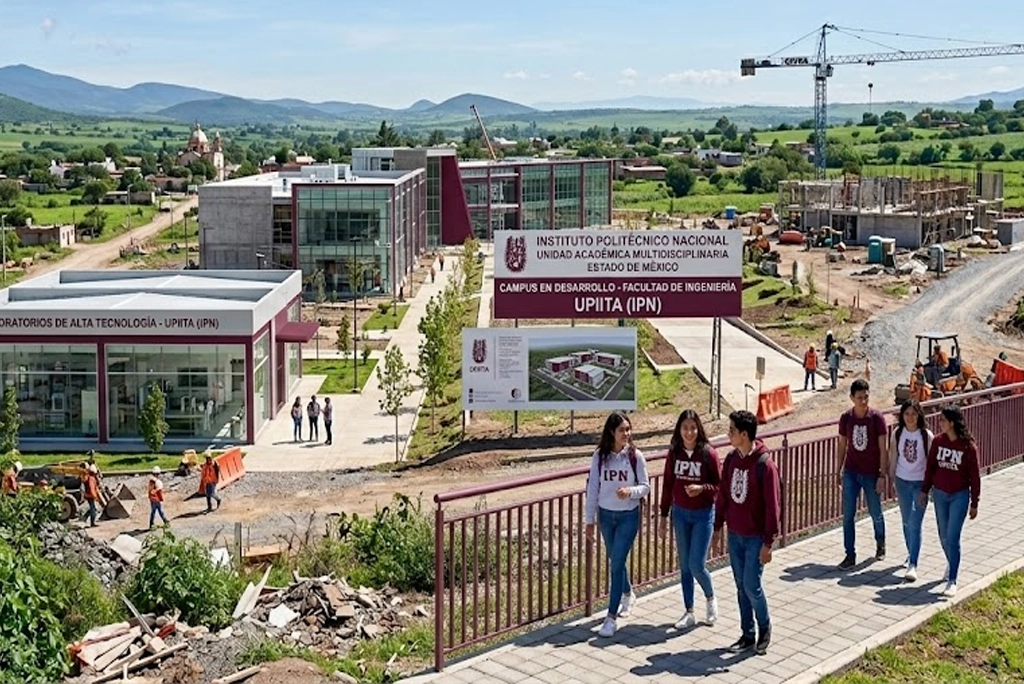 Vista realista de la nueva unidad de ingeniería IPN en Tlaxcala, con edificios modernos y estudiantes caminando entre laboratorios de tecnología.