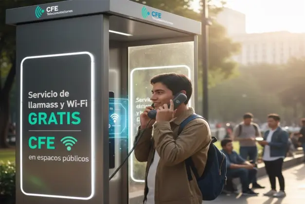 Joven utilizando una moderna cabina telefónica pública de la CFE para hacer una llamada gratis, con el logo de CFE Telecomunicaciones visible. Servicio de llamadas y wifi gratis CFE en espacios públicos.