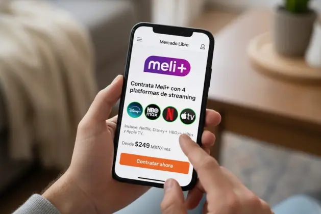 Persona usando su celular dentro de la app de Mercado Libre para contratar el paquete streaming Meli+ de Mercado Libre que incluye Netflix, Disney+, HBO Max y Apple TV desde 249 pesos mexicanos.