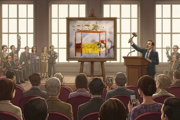 ilustración realista de personas en una subasta donde el cuadro en venta sea la icónica pintura “El sueño (La cama)” de Frida Kahlo.