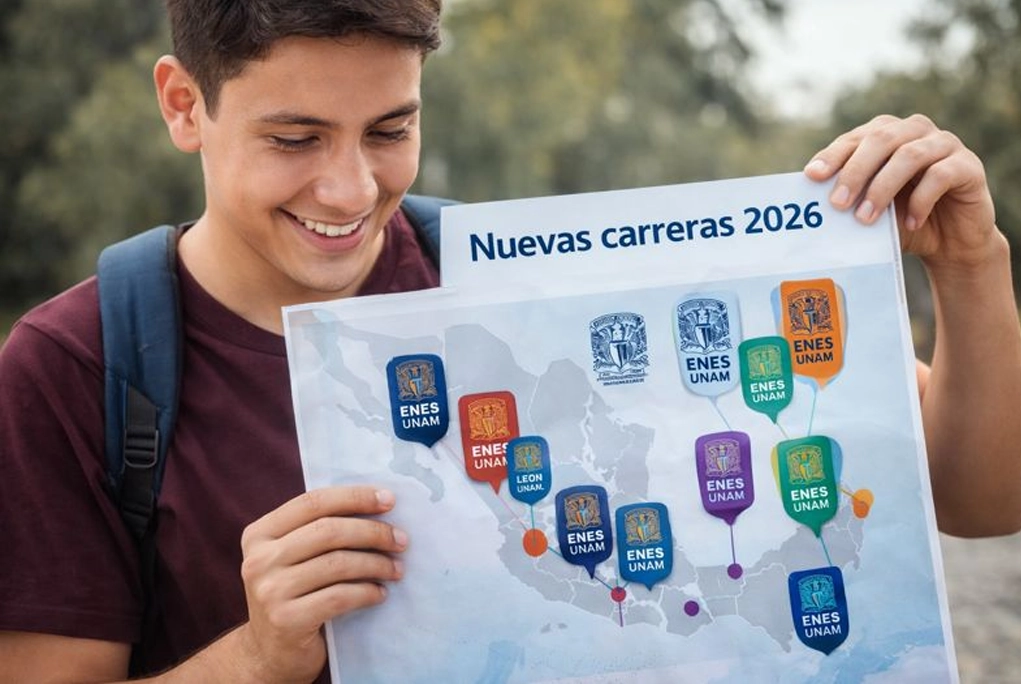 Estudiante sonriente revisando un mapa con los logos de las ENES UNAM y leyendo 'Nuevas carreras 2026', representando la expansión de la oferta académica de las carreras ENES UNAM en el país.