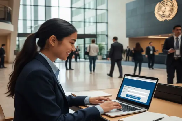 Estudiante universitaria sonriente usando una laptop en el lobby del edificio de la ONU, aplicando a trabajo en la ONU para universitarios sin experiencia.