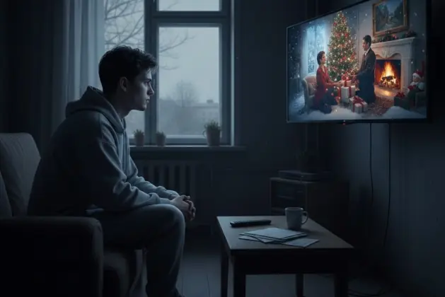 joven triste porque no hay navidad en su país, mira con envidia películas en su smart tv