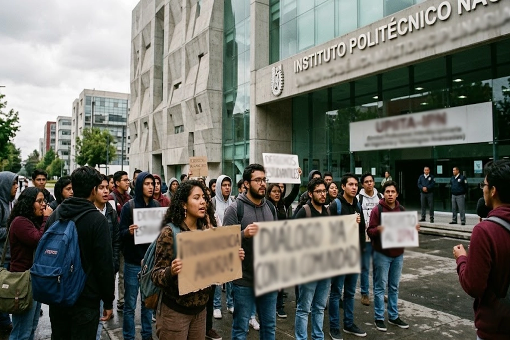 Estudiantes reunidos frente a una de las escuelas del IPN en paro, específicamente la entrada principal de Zacatenco, con pancartas visibles durante la protesta