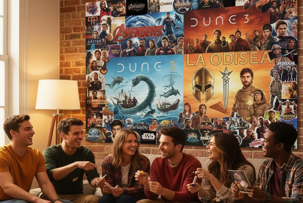 Jóvenes con Póster collage con los logos y personajes de las películas más esperadas del 2026, incluyendo Avengers: Doomsday, Dune 3 y La Odisea.
