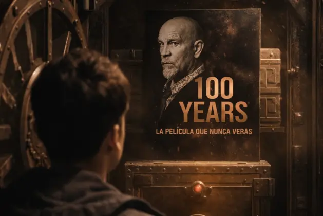 joven observando la Portada ilustrativa del misterioso proyecto "100 Years: La película que nunca verás", la película filmada en 2015 que se estrenará en 2115, mostrando una antigua caja fuerte de cine en una bóveda.