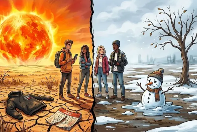 paisaje dividido en dos mitades: en una, un verano extremo con un sol masivo y ardiente sobre un campo seco y agrietado; en la otra, un invierno débil y pequeño, con un muñeco de nieve derritiéndose y un árbol con pocas hojas.
