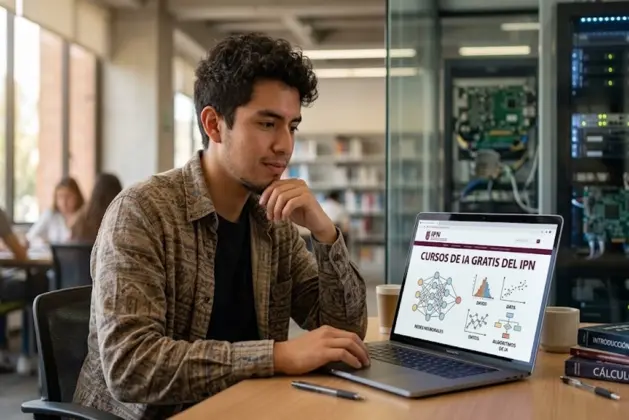 Joven mexicano de unos 22 años usando laptop en una biblioteca moderna, con la pantalla mostrando una plataforma de cursos de IA gratis del IPN, fondo con elementos de tecnología y redes neuronales, estilo realista.