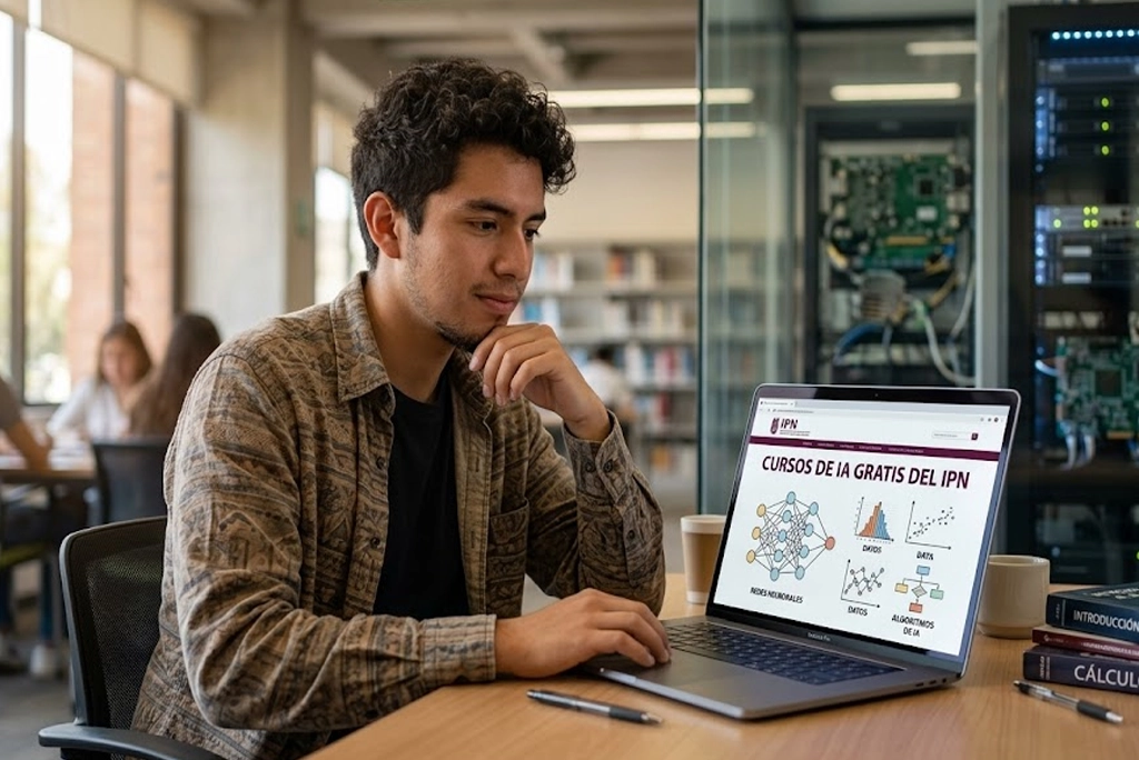 Joven mexicano de unos 22 años usando laptop en una biblioteca moderna, con la pantalla mostrando una plataforma de cursos de IA gratis del IPN, fondo con elementos de tecnología y redes neuronales, estilo realista.