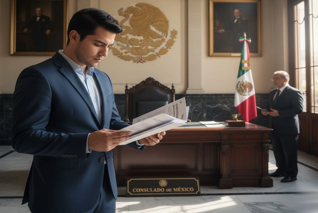 Joven profesional mexicano revisando documentos en una embajada, representando la búsqueda sobre qué estudiar para ser diplomático.