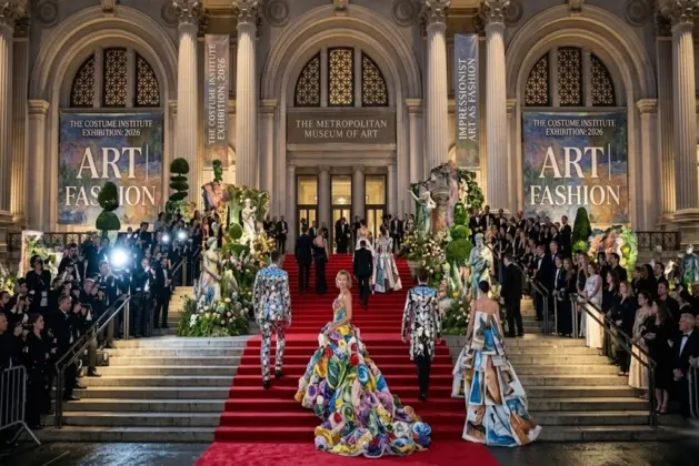 Fotografía realista de la alfombra de entrada de la Met Gala 2026 con celebridades vistiendo atuendos escultóricos y coloridos, bajo un telón de fondo que imita un jardín impresionista, explicando visualmente qué es la met gala y su fusión de moda con arte.