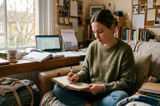 Joven universitaria de veintitantos años en su habitación, con una libreta abierta y un bolígrafo, practicando qué es el journaling mientras mira por la ventana con expresión tranquila y reflexiva.