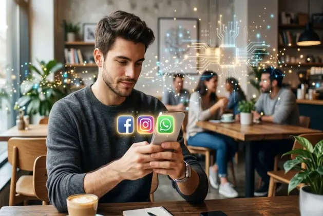 Joven usando smartphone con pantalla dividida de Facebook, Instagram y WhatsApp, sobre fondo con elementos de inteligencia artificial y brillos digitales, representando la nueva suscripción Meta One