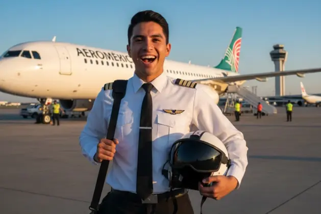 Joven piloto aviador en México sonriendo frente a un avión comercial, listo para comenzar su carrera en la aviación. Representa el éxito profesional y el entrenamiento de vuelo.