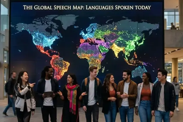 Mapa mundial con los idiomas más hablados del mundo destacados por colores y jóvenes poliglotas interactuando en una ciudad.