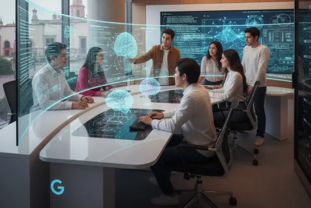 Jóvenes estudiantes mexicanos colaborando en el interior del moderno laboratorio Google IA en México, ubicado en Puebla, rodeados de pantallas con código y gráficos de inteligencia artificial.