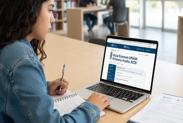 Joven revisando guía para presentar el examen UNAM primera vuelta 2026 en laptop, con documentos de admisión.