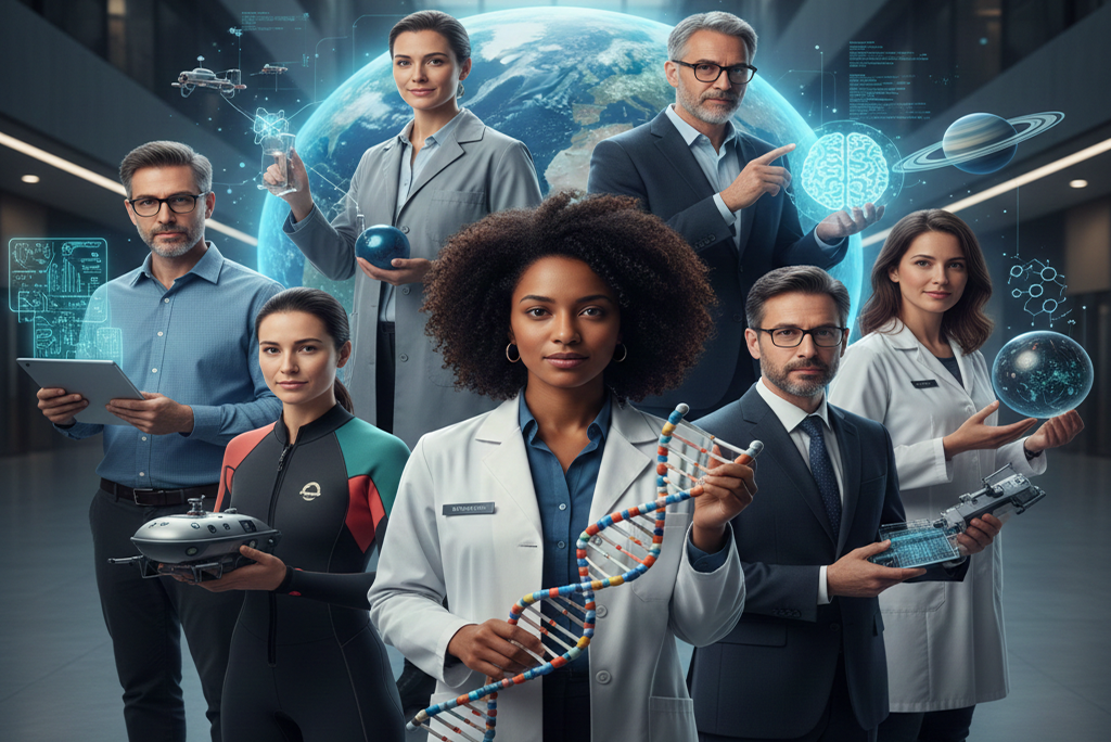 Imagen representativa de los 10 científicos destacados del año 2025 según la revista Nature, mostrando diversidad de disciplinas como genética, IA y ciencia oceánica.
