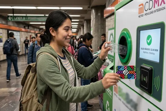 Persona joven universitaria reciclando botellas de plástico PET en una máquina expendedora inversa para obtener saldo en su tarjeta movilidad integrada gratis en una estación del Metro CDMX.